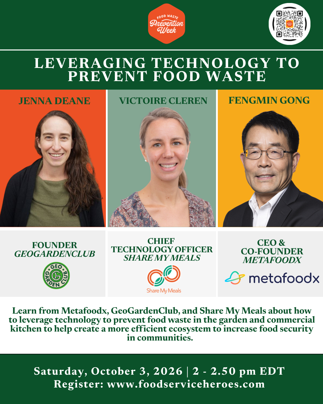 Food Waste Prevention Week 2026 event flyer featuring the three speakers